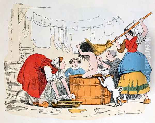 The Compulsory Bath, illustration for Les Defauts Horribles, c.1860 Oil Painting - Louis de Ratisbonne Trim