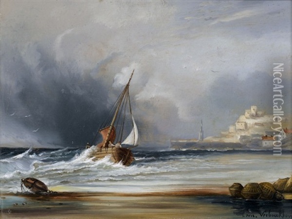 Strandpartie Mit Einem Fischerboot Oil Painting - Louis Verboeckhoven the Younger