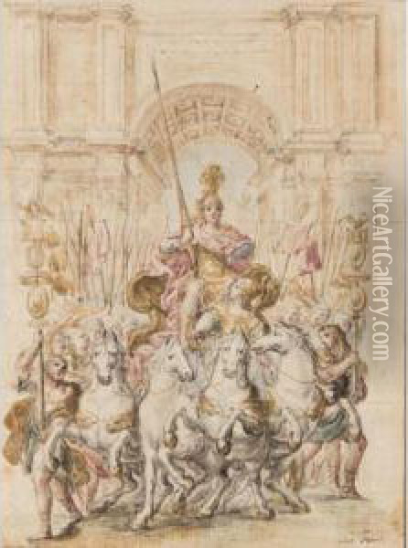 A Triumphal Arch With A Roman Emperor On A Quadriga Surrounded By Legionaries Oil Painting - Giovanni Paolo Schor
