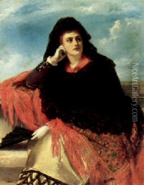 An Elegant Lady In Spanish Dress Oil Painting - Edward Charles Barnes