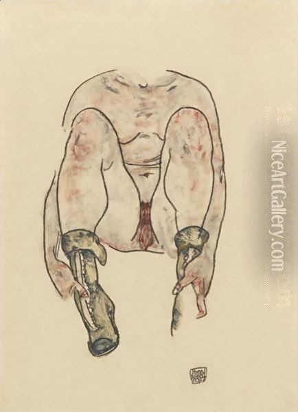 Seated Female Nude With Green Boots Oil Painting - Egon Schiele