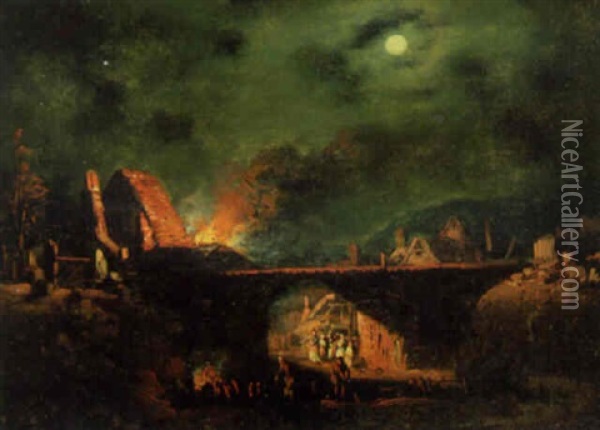 Peasants Watching A Fire In A Village By Moonlight Oil Painting - Egbert Lievensz van der Poel