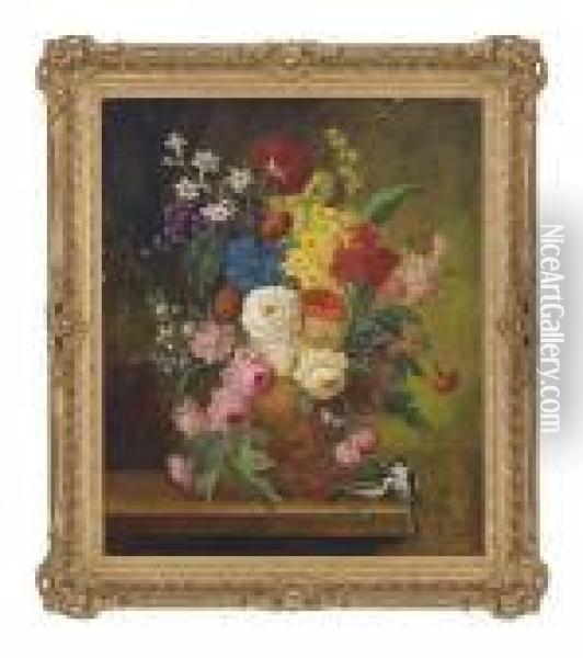 Roses, Carnations, Narcissi And Other Flowers In An Earthenware Vase, On A Ledge With Birds Oil Painting - Jan van Os