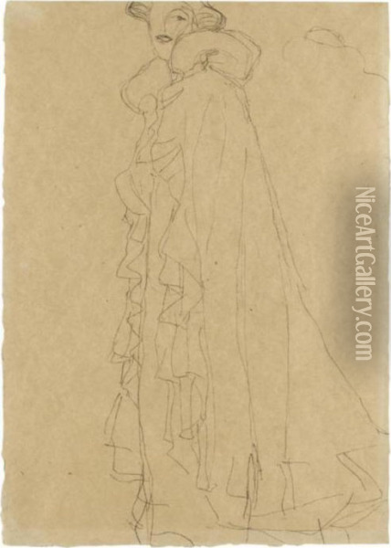 Stehend Nach Links, Skizze Des 
Kragens Von Hinten (standing Turned To The Left, Sketch Of The Collar 
From Reverse) Oil Painting - Gustav Klimt