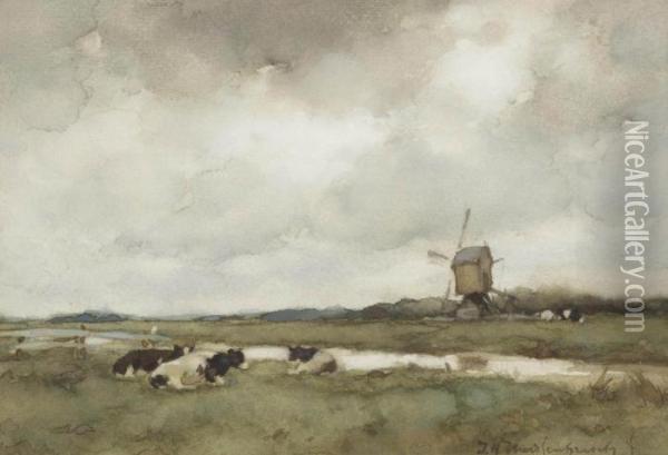 Cows In A Dutch Landscape, A Wind Mill Beyond Oil Painting - Jan Hendrik Weissenbruch