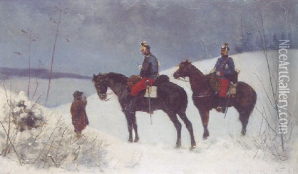 Army Officers Riding Through The Snow Oil Painting - Stanislaw Poraj Fabijanski