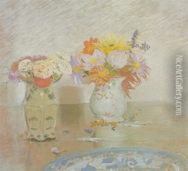 Two Vases Of Flowers And A Blue Plate Oil Painting - William Nicholson