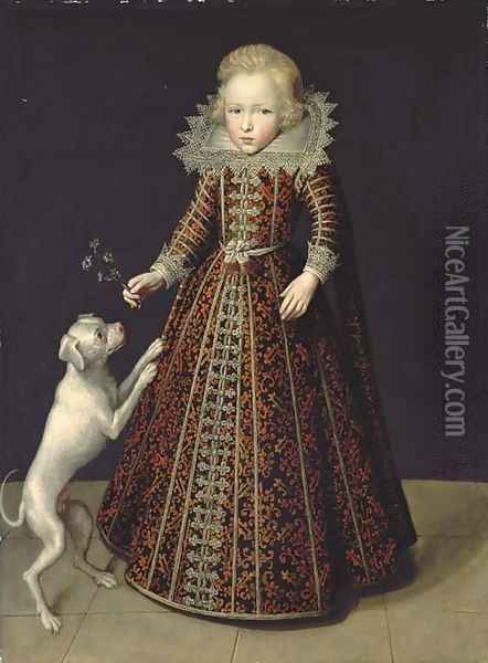 Portrait of a young boy, full-length, in a black dress with red brocade and a lace collar and cuffs Oil Painting - Flemish School