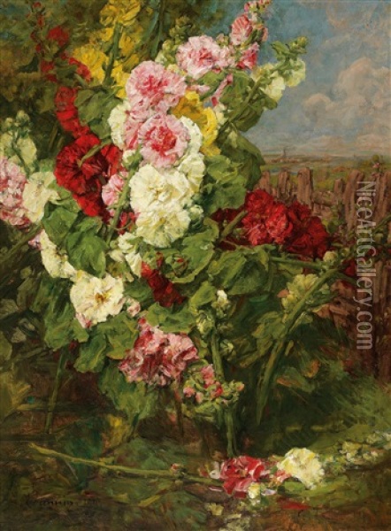 Hollyhocks Oil Painting - Georges Jeannin