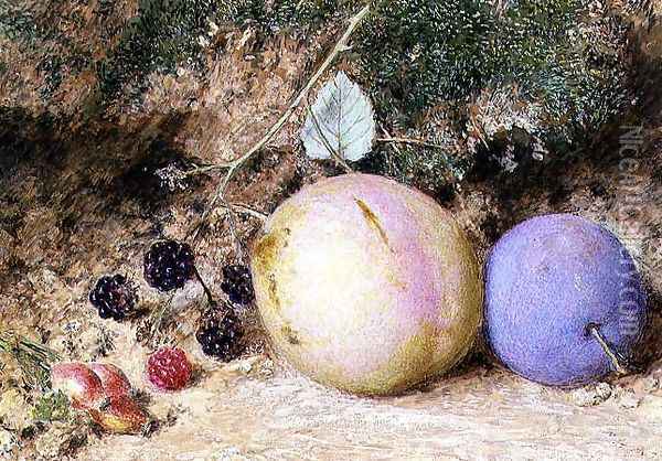 Rosehips Blackberries and Plums Oil Painting - William Henry Hunt