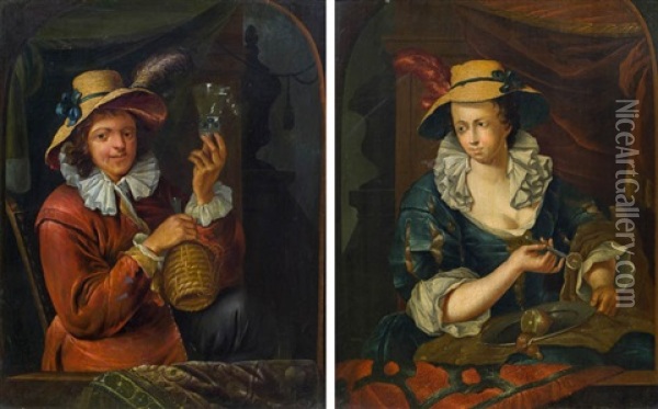 Herr Mit Weinglas Und Korbflasche Und Dame Eine Zitrone Schalend (pair) Oil Painting - Francois Xavier Henri Verbeeck