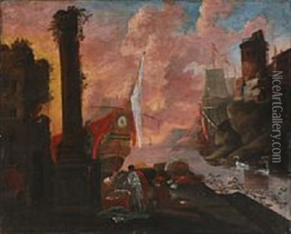 Harbour Scene With Classical Ruins Oil Painting - Claude Lorrain