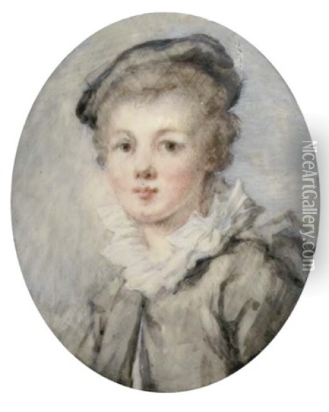 A Young Boy, In Grey Coat, White Shirt With Large Frilled Collar, Black Beret In His Fair Hair Oil Painting - Marie Anne Fragonard