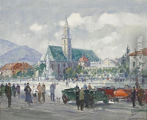 Der Waltherplatz In Bozen. Belebte Szene Oil Painting - Otto Hammel