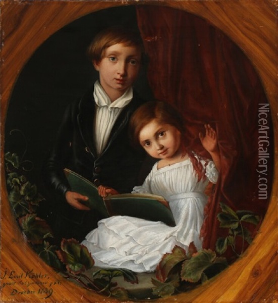 A Sibling Couple With A Book Oil Painting - Julius Emil Koehler (Koszinskow)