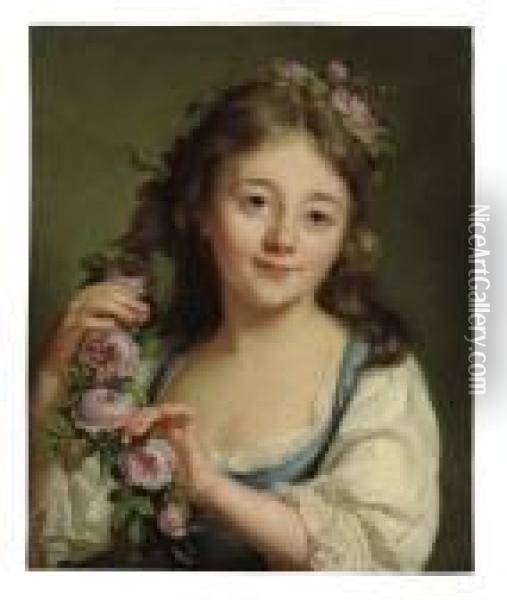A Young Girl With A Garland Of Roses Oil Painting - Antoine Vestier