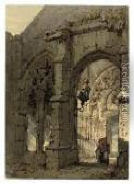 A Figure In A Ruined Cloister With Gothic Tracery Oil Painting - Samuel Prout