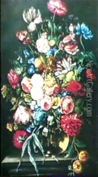 Grosses Blumenbouquet In Gebauchter Glasvase Oil Painting - Herman van der Myn
