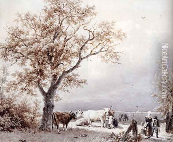 Cows In A Sunlit Meadow Oil Painting - Barend Cornelis Koekkoek
