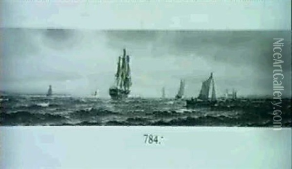 Marine, Talrige Sejlskibe Udfor Kronborg, En Uverjsdag Oil Painting - Vilhelm Victor Bille