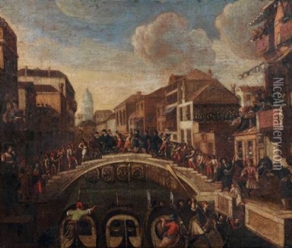 La Bataille Des Nicolotti Et Des Castellani Sur Le Ponte Dei Pugni A Venise Oil Painting - Joseph Heintz the Younger