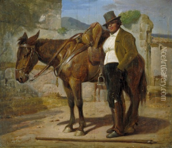 Cicerone Mit Zylinder, Lanze Und Pferd Oil Painting - Nicolai Francois Habbe