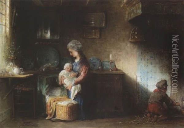 Junge Mutter Mit Ihren Kindern In Der Stube Oil Painting - Hendricus-Jacobus Burgers