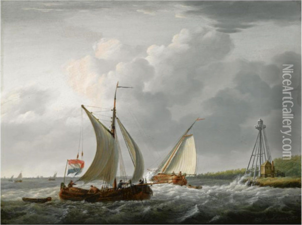Sailing Vessels Off The Coast Oil Painting - Johan Hendrik Boshamer