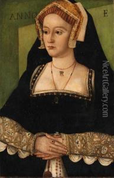 Portrait Of Elizabeth Hart, Of 
Lullingstone Castle, Kent,three-quarter-length, In A Black With White 
Dress With Brocadedsleeves, Wearing An Ornate Headress Oil Painting - Hans Holbein the Younger
