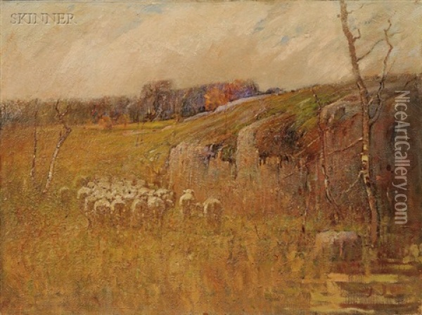 View With Sheep, A Landscape Sketch Oil Painting - Charles Edwin Lewis Green