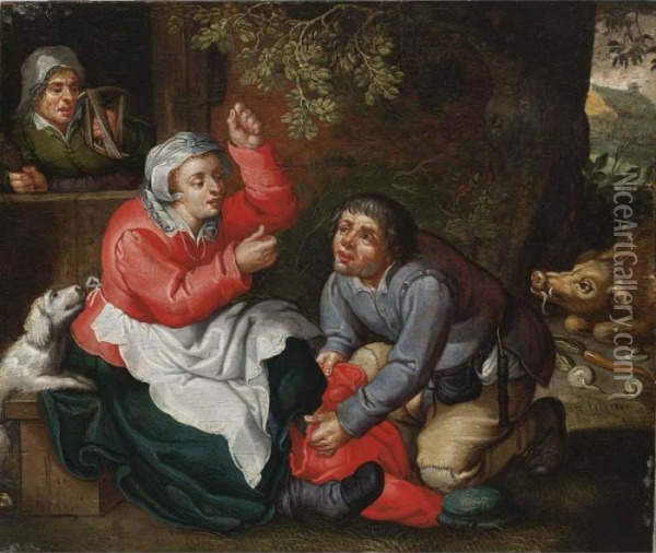 A Peasant Couple Together With A Pig And A Dog Near A House With A Spinster In A Door Oil Painting - David Vinckboons