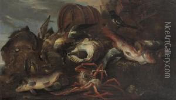 A Still Life Of Fish, Shells And Game Birds Oil Painting - Felice Boselli Piacenza