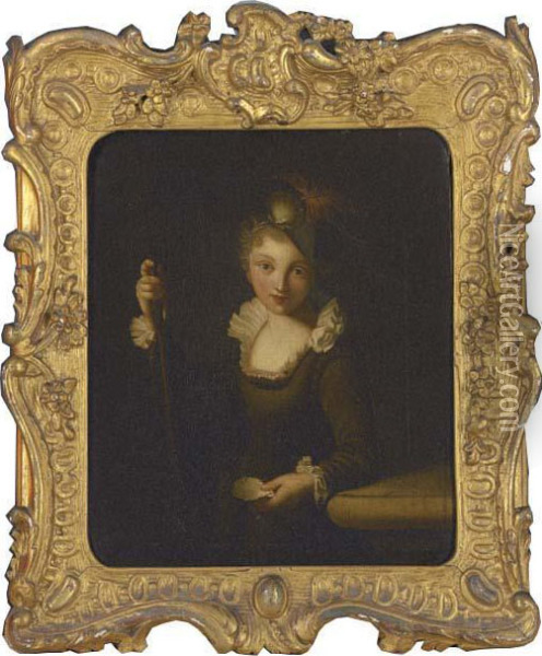 Portrait Of A Girl, Half-length, Holding A Staff And A Shell, In An Ornamental Costume Oil Painting - Elisabeth Vigee-Lebrun