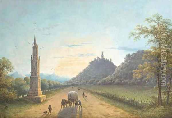 A view of the road from Bonn to Bad Godesberg in Germany at sunset, with a gothic monument on the left and the ruins of Godesberg castle Oil Painting - Joseph Augustus Knip