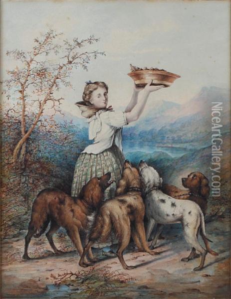 Young Girl And Dogs Before A Landscape Oil Painting - Hetty Richards