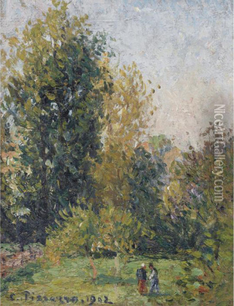 Paysage Avec Deux Personnages, Eragny, Automne Oil Painting - Camille Pissarro