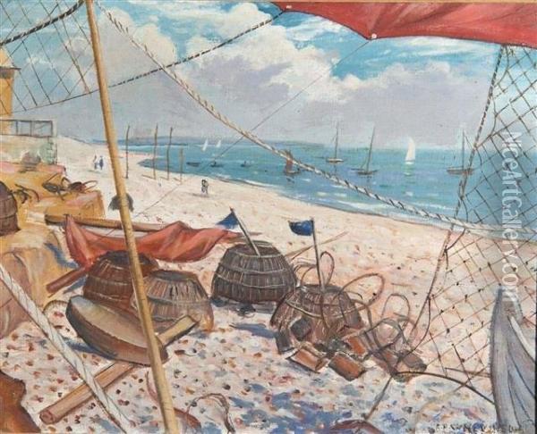 Beach Scene With Lobster Pots Oil Painting - Christopher R. Wynne Nevinson