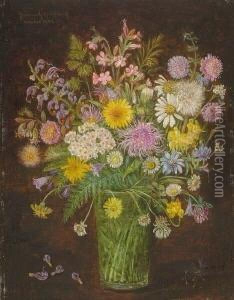 Wiesenblumen In Glasvase. Oil Painting - Hermann J. Gottlieb Kricheldorf