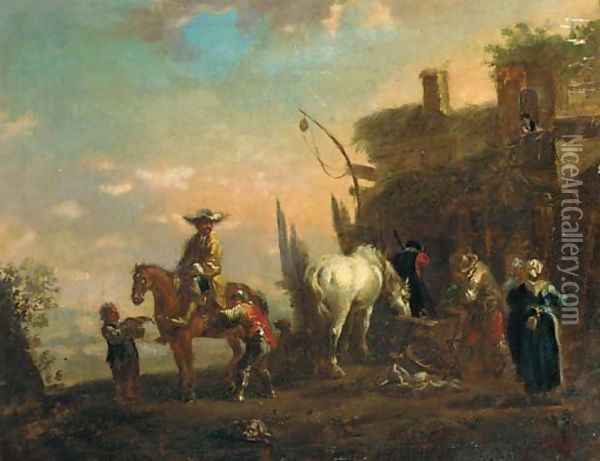 A landscape with travellers resting at an inn Oil Painting - Philips Wouwerman