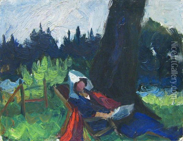 Madeleine Dans Le Jardin De La Pension Walrandt A Nassogne Oil Painting - Richard Heintz