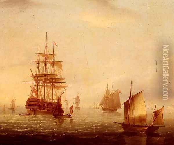 Sailing Vessels Off A Coastline Oil Painting - James E. Buttersworth