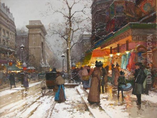 Snowy Parisian Boulevard At Dusk Oil Painting - Eugene Galien-Laloue