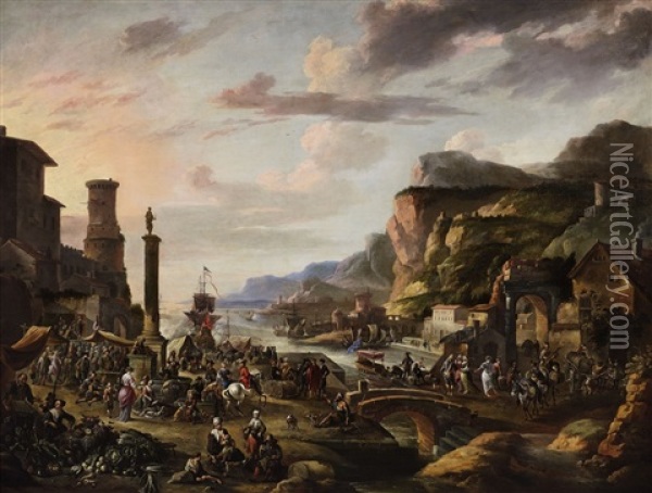 A View Of A Southern Harbour With A Market Scene Oil Painting - Antoon Goubau