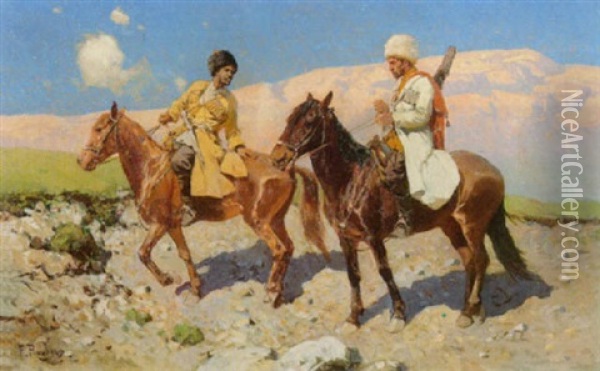 Zwei Kosaken Zu Pferde In Sonniger Gebirgslandschaft Oil Painting - Franz Roubaud