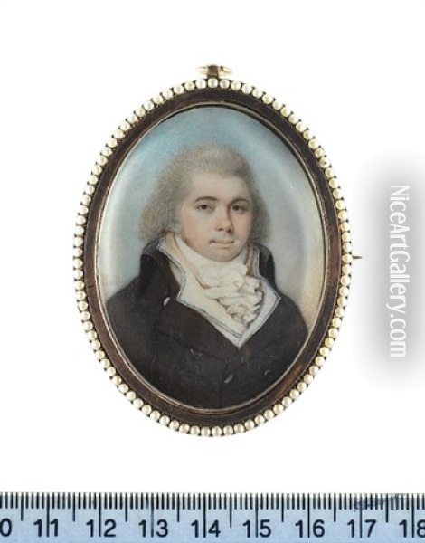 A Gentleman, Wearing Brown Coat, Cream Waistcoat With Blue Trim, Pink Solitaire, White Cravat And Stock Oil Painting - Thomas Hull