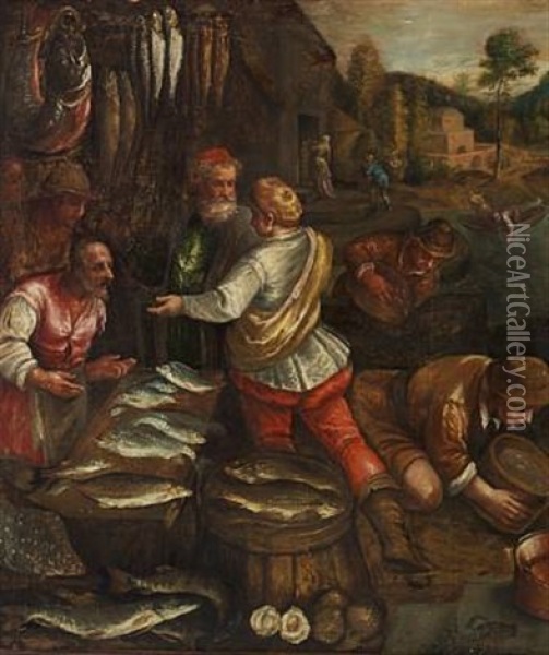 People Buying Fish. In The Background Mountains And Architecture Oil Painting - Jacopo dal Ponte Bassano