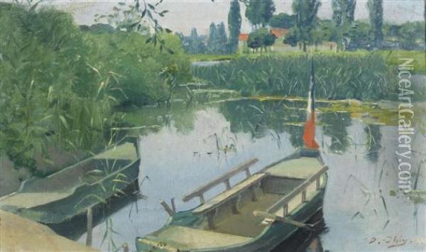 Mere Landscape With Two Rowing Boats. Oil Painting - Jean Daniel Ihly