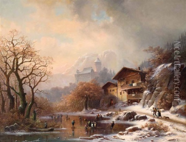 Winterlandschaft Mit See, Bauernhaus Und Im Hintergrund Eine Festung Oil Painting - Anton Doll