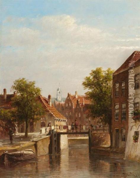 Canal With Passers By In A Dutch Town Oil Painting - Pieter Gerard Vertin