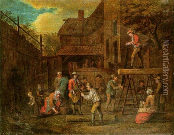 A Scene In A Village With Carpenters At Work And Other Figures Looking On Oil Painting - Jan Josef Horemans the Elder
